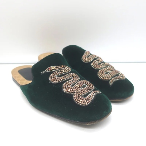 GUCCI LAWRENCE CRYSTAL SNAKE-EMBELLISHED SLIPPER MULES EMERALD VELVET SIZE 7 - Picture 1 of 5